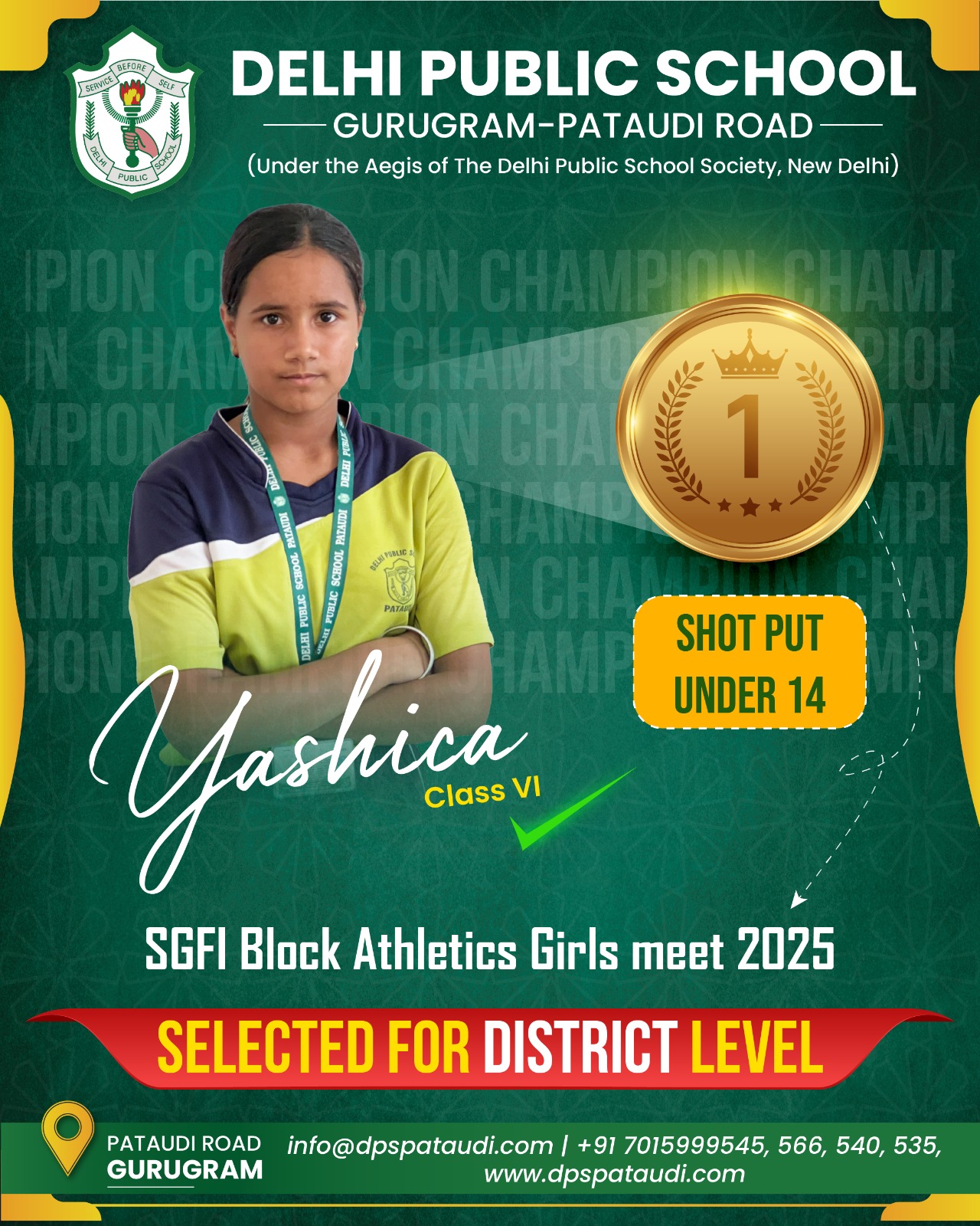 Yashica of DPS Pataudi wins Gold medal